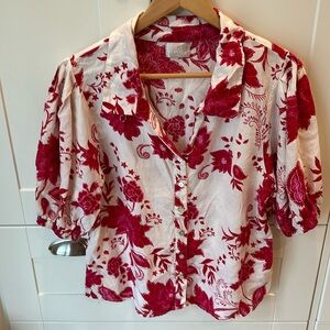 Deep pink floral short sleeve button down shirt